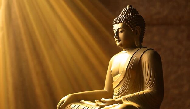 Golden buddha statue in meditative pose illuminated by soft light rays on a dark background scene