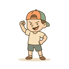 Victorious Kid with Fist Raised in Air cartoon illustration, Vector illustration in flat style.