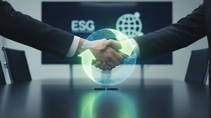 Business handshake with esg and global sustainability icon in background