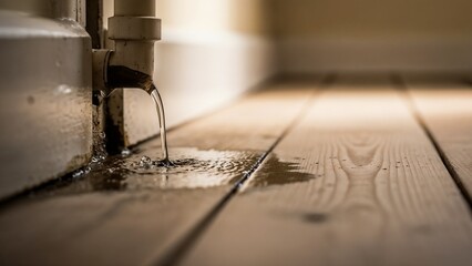 Water pipe leaking on wooden floor with puddle forming in soft lighting, copy space