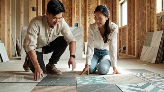 Selecting Floor Tiles Asian Couple for Home Renovation Project, Interior Design Blogs, Real Estate Websites, Home Improvement Articles, and DIY Guides
