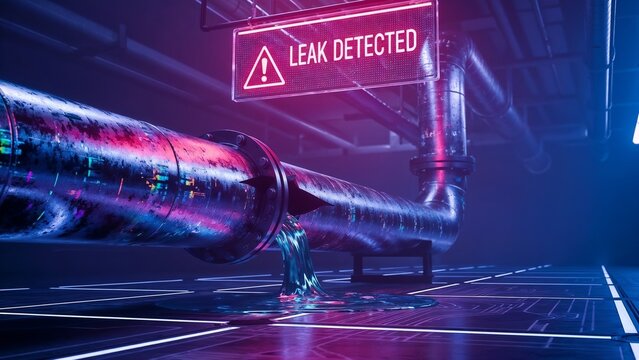 Futuristic cyberpunk leak detection concept with leaking pipe and holographic warning sign in neon-lit industrial corridor