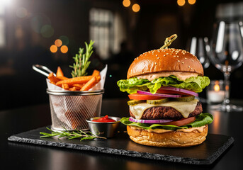 Gourmet burger with sweet potato fries on slate board in dark restaurant setting