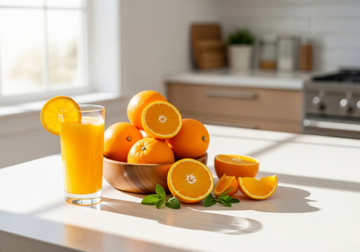 Glass of fresh orange juice and fruit bowl on white table in sunny kitchen - Powered by Adobe