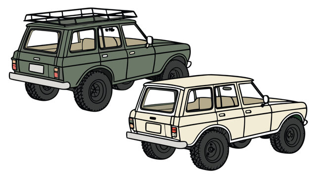 Vector illustration two lada niva offroad vehicles, one green with a roof rack and one beige