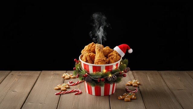 Steaming hot crispy fried chicken bucket perfectly decorated for a festive holiday feast on rustic wood - Powered by Adobe