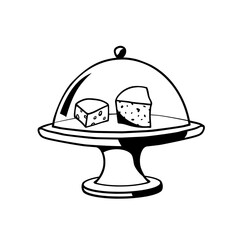 cheese pieces on serving stand under glass lid hand-drawn vector illustration
