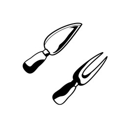 Cheese knife and fork on white background hand-drawn vector illustration