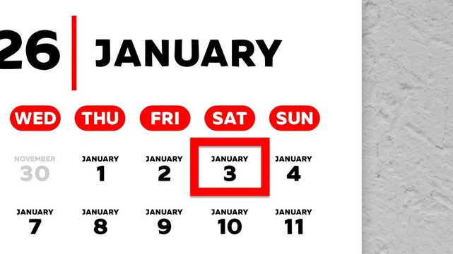 The date January 3rd marked with a red cursor on the wall calendar 2026