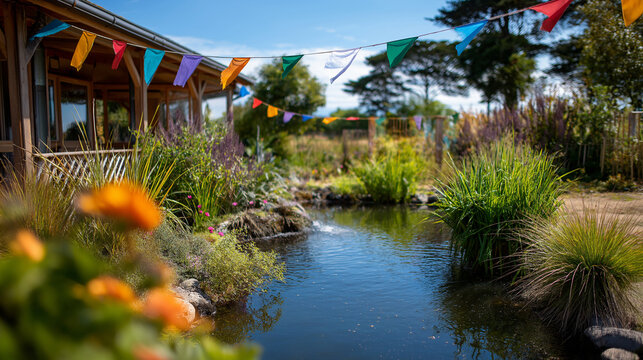 Serene meditation retreat with tranquil water garden, colorful prayer flags, and peaceful yoga pavilions, spiritual sanctuary environment, mindfulness retreat setting, contemplativ