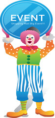 Funny cartoon clown doll in a colorful carnival costume with a red hat, wig, flag, and balloons, smiling for a birthday party celebration illustration