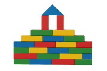 Colorful building blocks forming a house outline, representing childhood education, construction, and creativity
