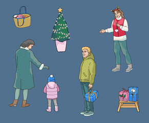 standing isolated peoples shopping at Christmas market , man, woman, kid, vendor , shopping bag, Christmas tree, gifts boxes