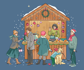 Christmas market mulled wine stall with people enjoying hot drinks