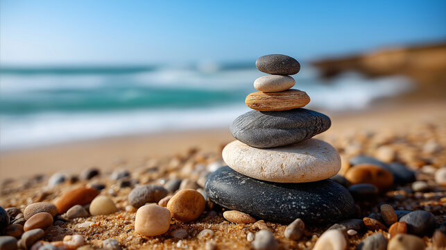 Zen stones stacked in balance on tranquil beach, coastal meditation symbolism, peaceful rock arrangement, seaside mindfulness display, equilibrium visualization, tranquil shore spi