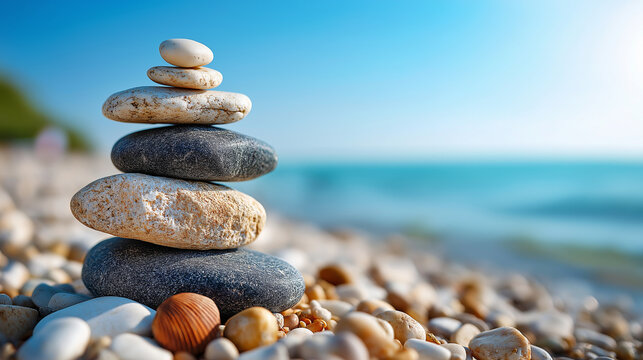 Zen stones stacked in balance on tranquil beach, coastal meditation symbolism, peaceful rock arrangement, seaside mindfulness display, equilibrium visualization, tranquil shore spi