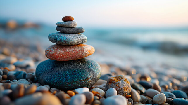 Zen stones stacked in balance on tranquil beach, coastal meditation symbolism, peaceful rock arrangement, seaside mindfulness display, equilibrium visualization, tranquil shore spi