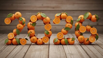 Fresh oranges/mandarins  arranged as number 2026 on wooden background  