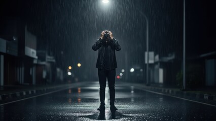 Struggling man stands alone on wet city street under harsh streetlight during heavy downpour feeling overwhelmed