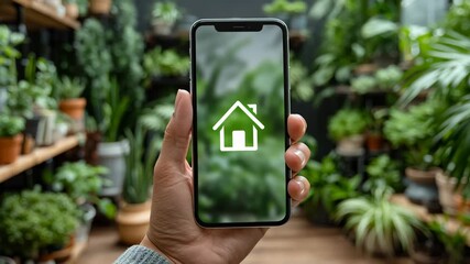 Smart Home Application on Phone in Botanical Interior