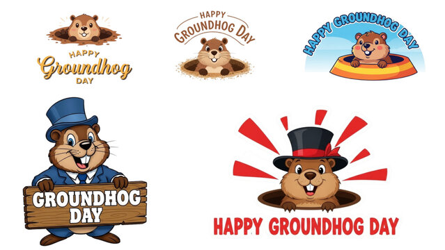 Collection of happy groundhog day illustrations with cute cartoon groundhogs celebrating