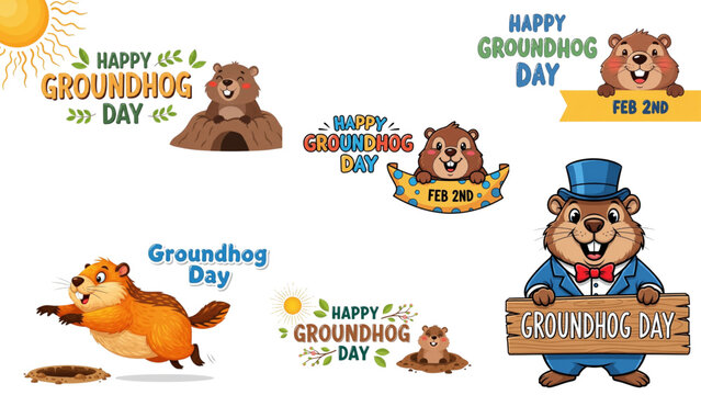 Happy groundhog day celebration with cute cartoon groundhogs and sun illustrations