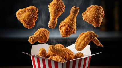 Dynamic arrangement of steaming hot, crispy fried chicken pieces flying into a classic red and white striped takeout box against a dark background