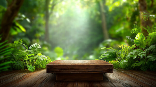 Wooden podium on green stage in lush jungle setting with misty sunlight, tropical presentation platform, forest wellness display, natural sanctuary staging, botanical mindfulness e