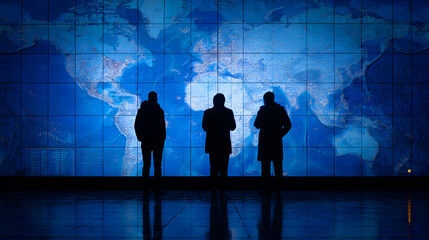 Silhouettes of three people observing a large world map display