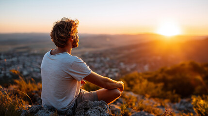 Faceless person meditating on mountain top overlooking scenic valley at sunset time, defocused elevation contemplation, peaceful peak spirituality, tranquil summit mindfulness mome