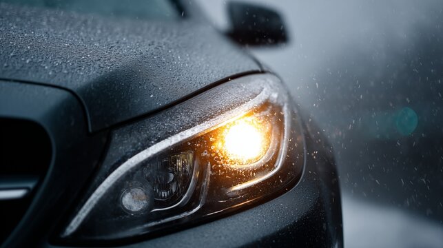 Close view of car headlight with turn signal on during snowfall winter driving safety concept - Powered by Adobe