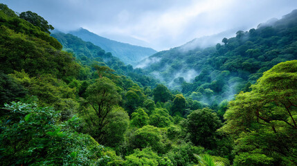 Fototapeta premium Lush tropical forest with dense green trees and morning fog, serene jungle landscape for relaxation spa and yoga wellness, eco-friendly sustainable nature escape, zen-inspired peac