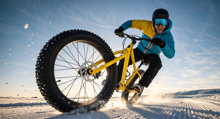 Naklejka premium Energetic man riding a yellow fat bike on snow. Winter cycling action with cyclist shouting in excitement. Extreme sport adventure