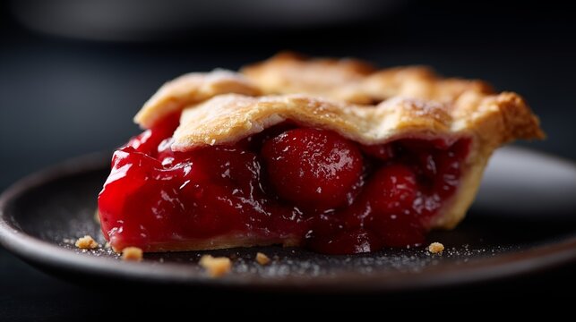 Slice of homemade cherry pie with golden lattice crust and juicy red filling on dark plate dessert comfort food