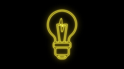 Glowing yellow neon outline of a classic light bulb icon representing brilliant ideas, innovation, and creative solutions on a dark black background.