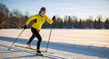 Happy woman cross-country skiing on a sunny winter day. Female athlete in yellow jacket training on a snowy track. Healthy lifestyle and outdoor fitness concept with copy space