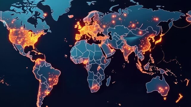 Video A map of the world with glowing lights, ideal for use in presentations, reports, or as a decorative piece