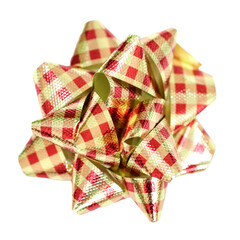 vibrant gold star-shaped gift bow adorned, isolated on a clean white background. The shiny, decorative bow is perfect for holiday, birthday, and celebration gift wrapping or design elements