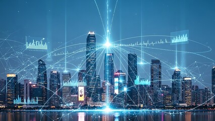 Smart City Network: Futuristic Urban Landscape with Data Connections and Digital Communication Infrastructure
