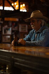 Man With Mustache Wearing Cowboy Hat and Denim Shirt Sitting and Drinking Beer at Bar in Rural Rustic Western Saloon Bar