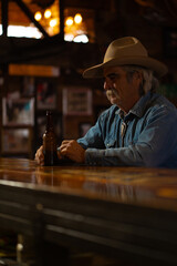 Man With Mustache Wearing Cowboy Hat and Denim Shirt Sitting and Drinking Beer at Bar in Rural Rustic Western Saloon Bar