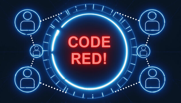 Code Red Alert: Dynamic representation of a crucial system update, emphasizing interconnectedness and immediate action. Featuring a central alert surrounded by networked user profiles.