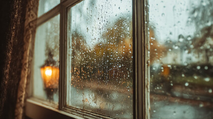 Rainy window with autumn scenery and warm lamp glow