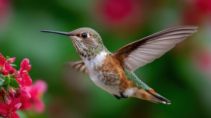 Naklejka premium Hummingbird Hovers Near Bright Flowers Representing Joy in Aztec Beliefs During a Sunny Afternoon in a Garden