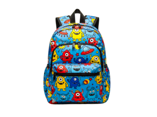 Blue backpack with colorful monster cartoon pattern for children.