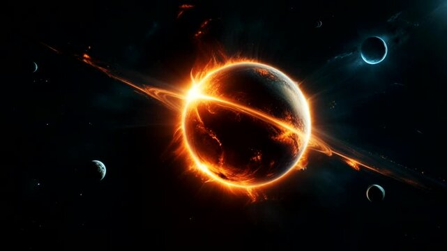 A planet covered in orange flames burns brightly in the darkness of space, resembling a cosmic lava ball.