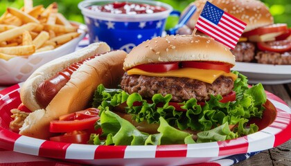 Classic American fast food meal with burgers, hot dogs, and French fries, styled with patriotic colors, perfect for summer cookouts, picnics, and holiday celebrations.