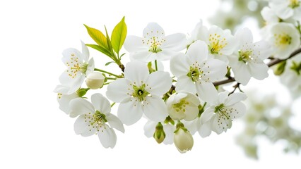 Cherry Blossom Branch with Buds and Leaves on Soft White Background – Springtime Floral Elegance