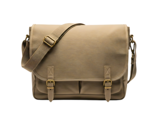 Stylish brown canvas messenger bag with leather straps.