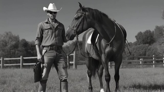 A stoic cowboy stands proudly beside his majestic horse in a serene Western landscape, capturing the essence of a timeless bond and rugged frontier spirit in monochrome